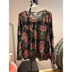 Style & Co BOHO Black Blouse, Floral Print, Lace in Sleeve Sz M